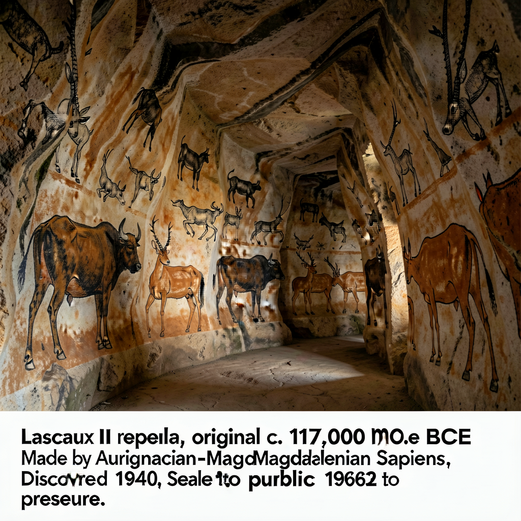 Photograph of Lascaux Hall of Bulls (Dordogne, France, c. 17,000 BCE Upper Paleolithic, replica or low-light original ph