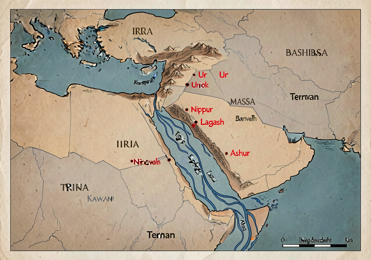 MG-3 Five-River-Valley Civilizations Map zoomed to Mesopotamia: physical map showing Tigris and Euphrates rivers flowing