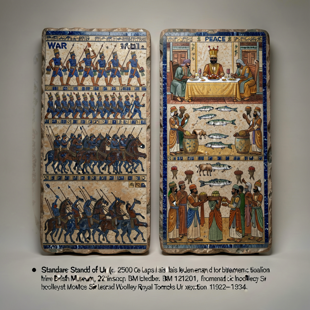 Photograph of the Standard of Ur (c. 2500 BCE, lapis-lazuli + shell + bitumen mosaic, ~22 inches long, British Museum BM
