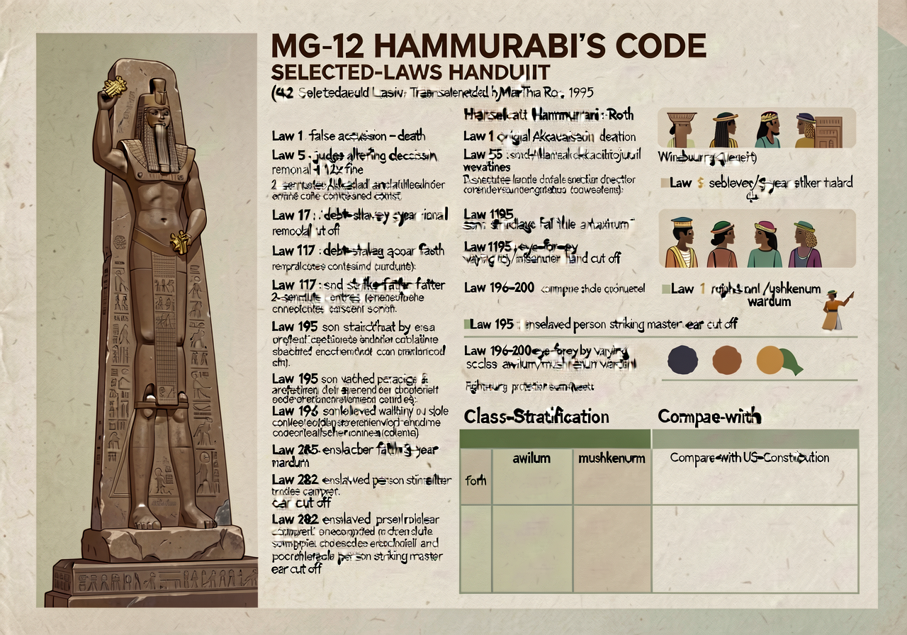 MG-12 Hammurabi's Code Selected-Laws Handout (4-page laminated): page 1 Hammurabi stele image (Louvre AO 10237) with dio