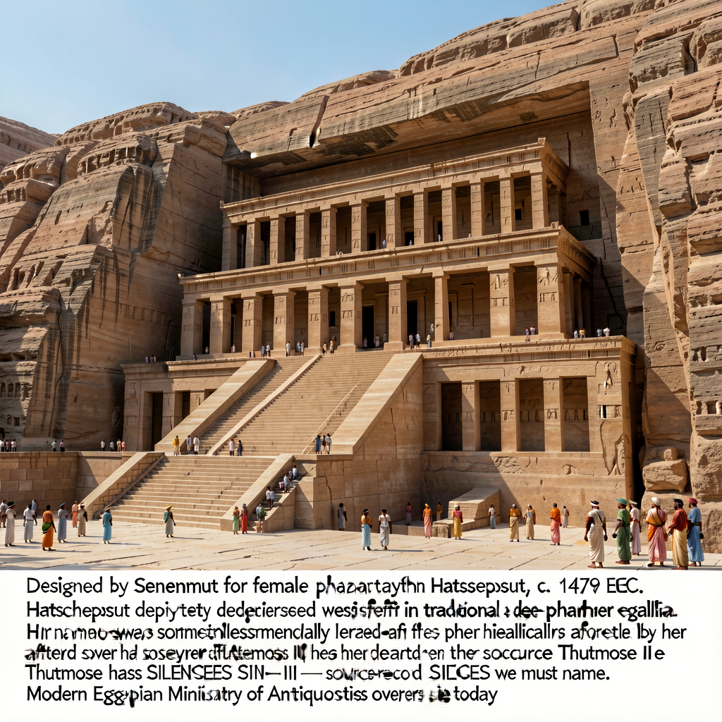 Photograph of Hatshepsut's Mortuary Temple at Deir el-Bahari (c. 1479 BCE, west bank Luxor opposite modern Karnak, three