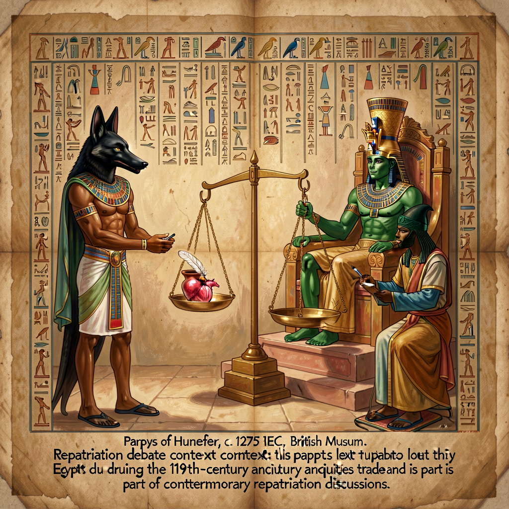 Illustration based on Papyrus of Hunefer (c. 1275 BCE, British Museum EA 9901, New Kingdom) depicting the weighing-of-th