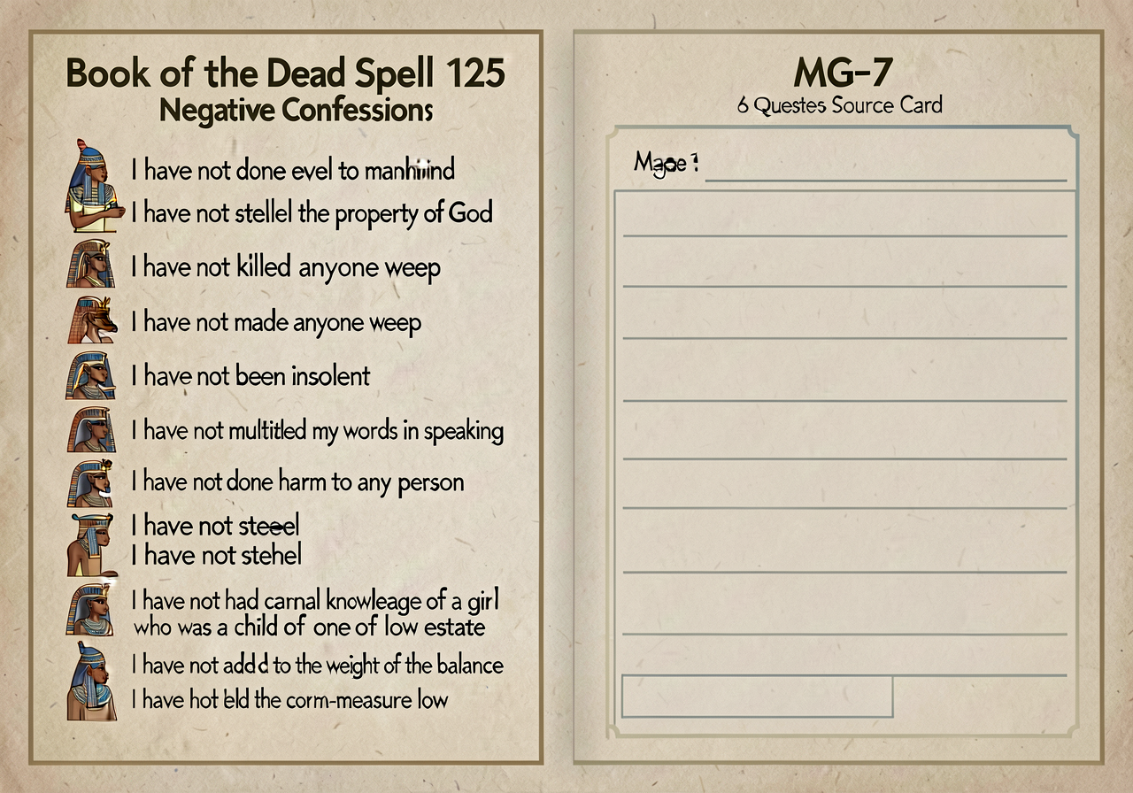 Book of the Dead Spell 125 (the Negative Confession) translated by Raymond O. Faulkner 1972 + Carol Andrews edited 1985 