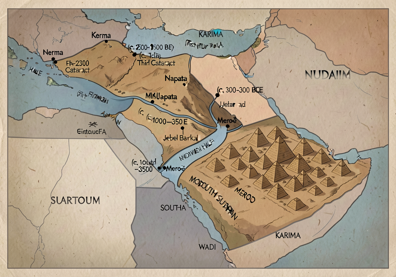 Map showing Nubia/Kush political sequence within modern Sudan + southern Egypt: Kerma (c. 2500-1500 BCE) near Third Cata