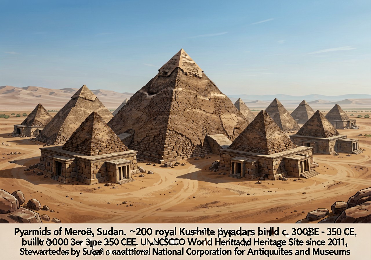 Photograph of the Pyramids of Meroë (Sudan, c. 300 BCE - 350 CE, UNESCO World Heritage Site). Approximately 200 Kushite 