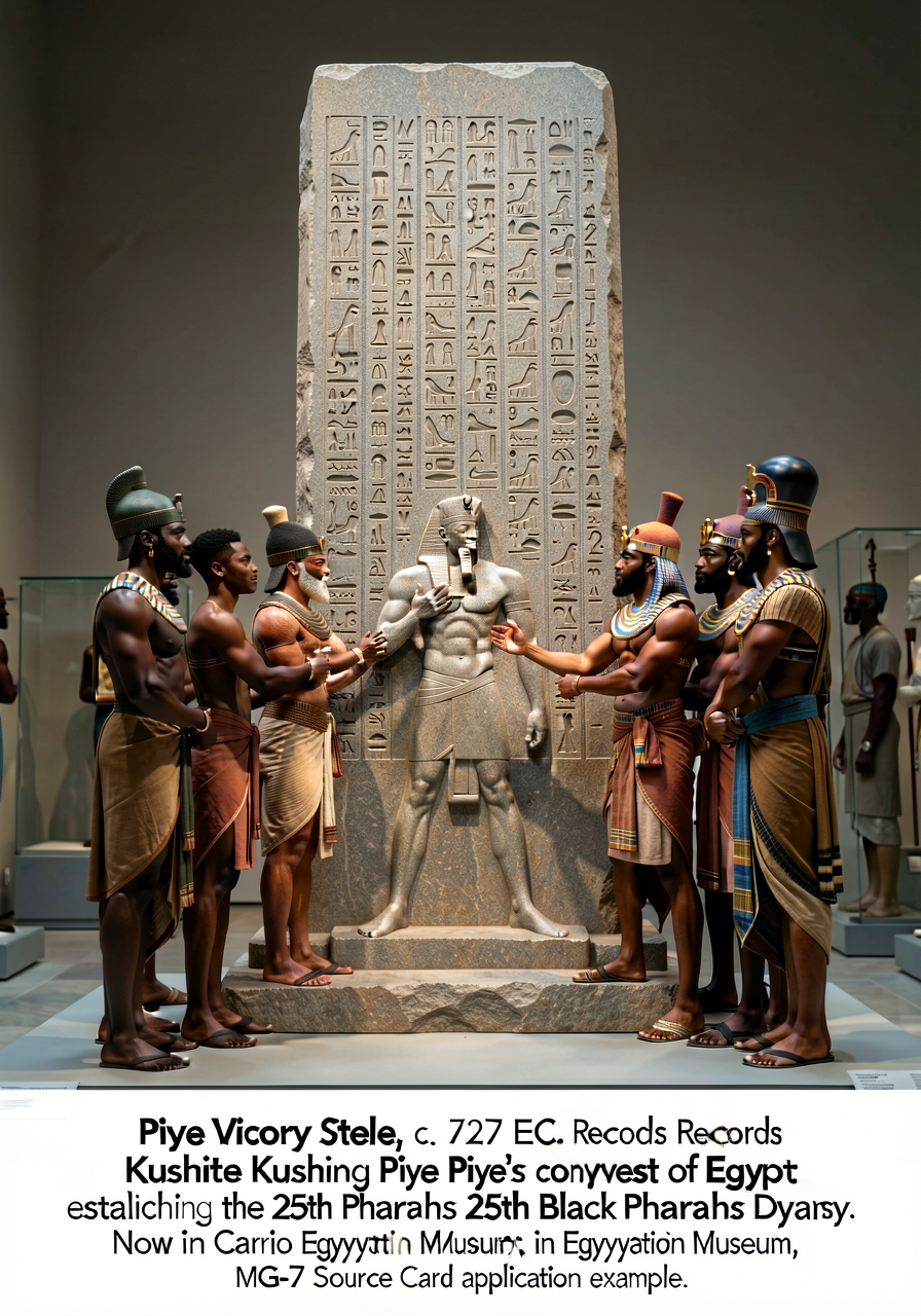 Photograph of the Piye Victory Stele (c. 727 BCE, granite, ~6 feet tall, Cairo Egyptian Museum JE 48862). Stele depicts 