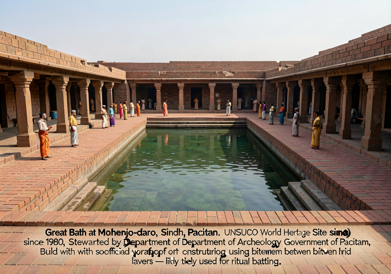 Photograph of the Great Bath at Mohenjo-daro (Sindh province, Pakistan, c. 2500-1900 BCE). Wide-angle showing the rectan
