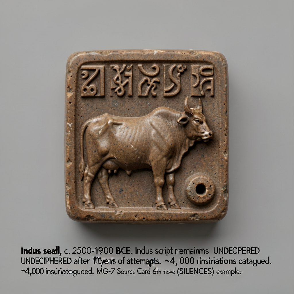 Photograph of an Indus seal (c. 2500-1900 BCE, steatite, ~3 cm square, National Museum New Delhi or Karachi National Mus