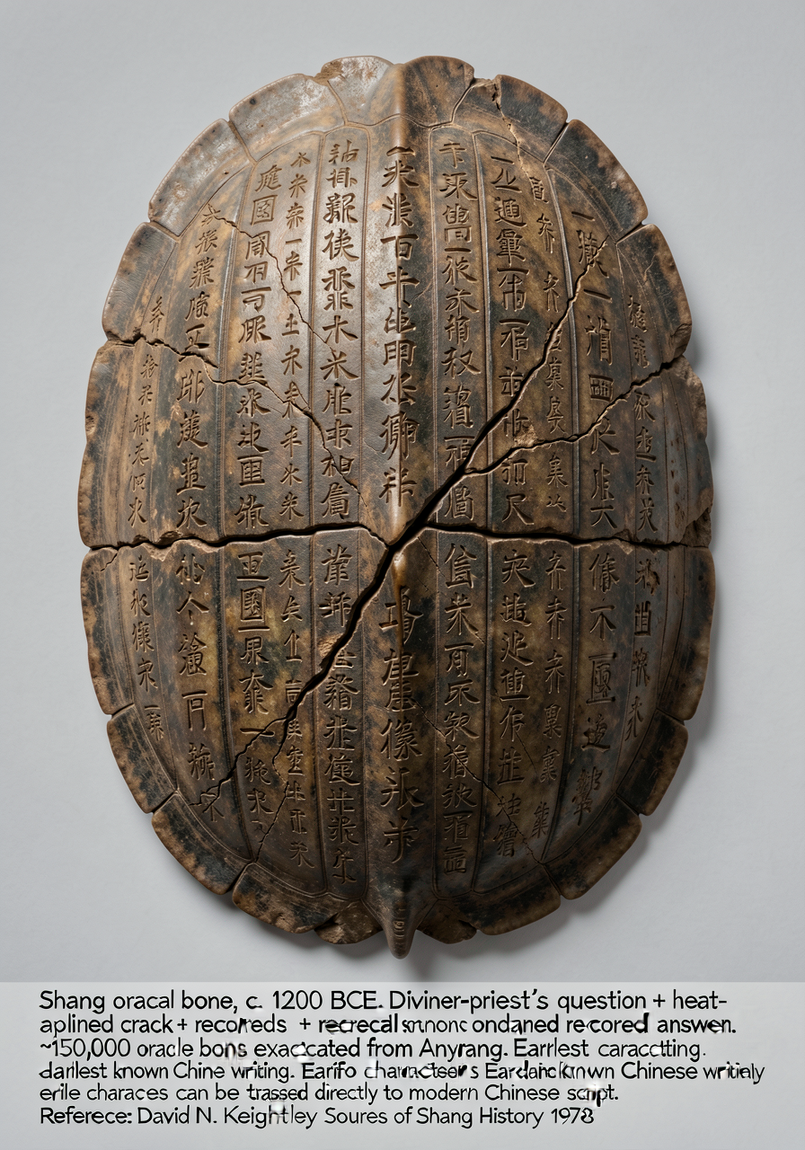 Photograph of a Shang oracle bone (turtle plastron, c. 1200 BCE, Late Shang, Anyang excavations). Plastron shows vertica