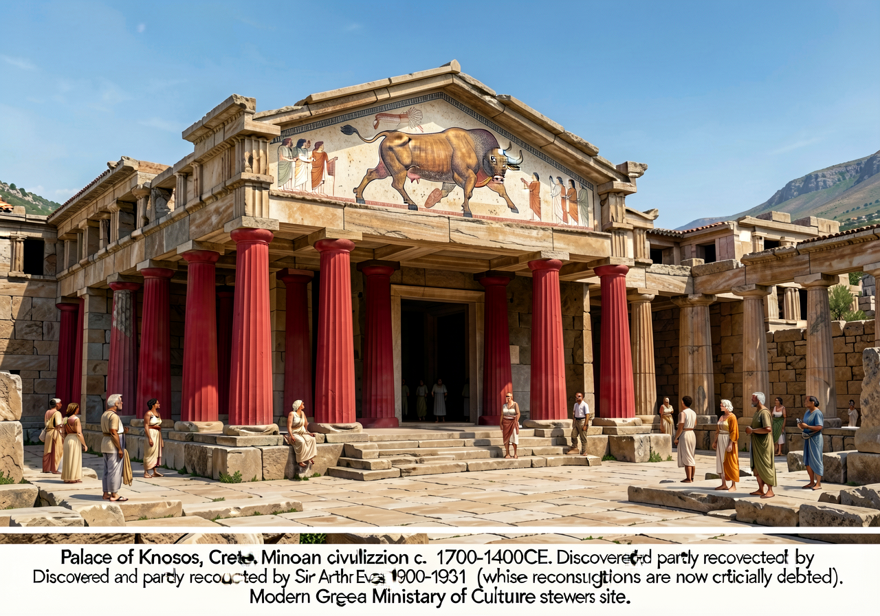 Photograph of the Palace of Knossos on Crete (c. 1700-1400 BCE, Minoan civilization, restored by Sir Arthur Evans 1900-1