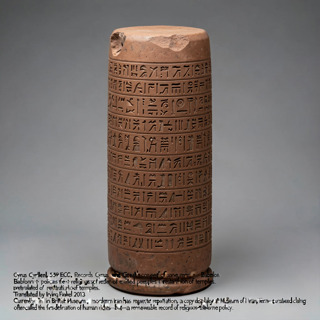 Photograph of the Cyrus Cylinder (539 BCE, baked clay, ~23 cm long, British Museum BM 90920). Cylinder shows close-packe