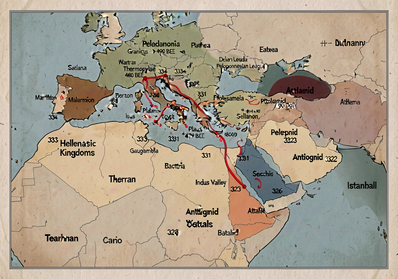 MG-4 Classical Mediterranean Map zoomed: Alexander's conquest route 334-323 BCE traced in red (Macedonia → Granicus 334 