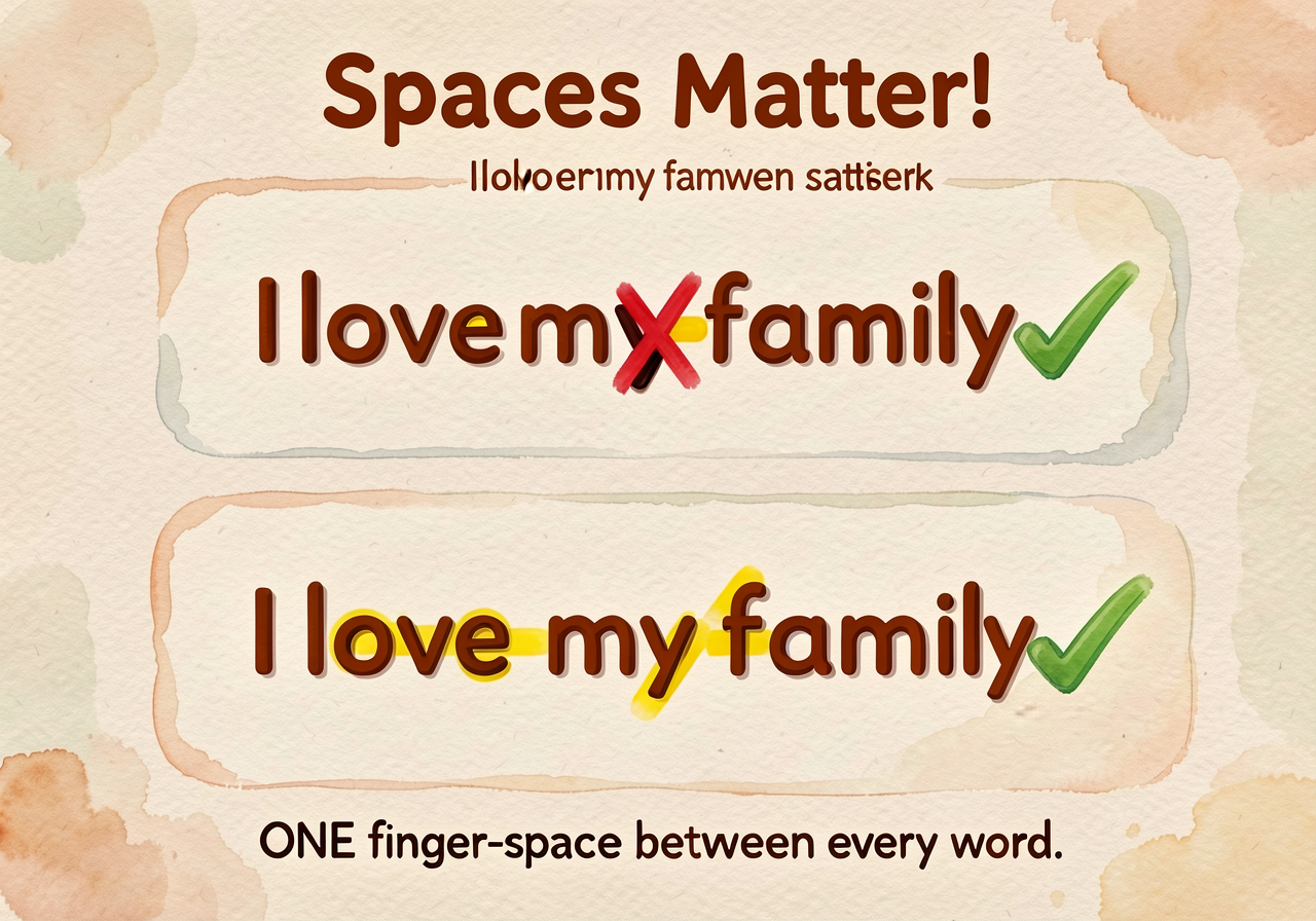Two-row chart 'Spaces Matter!' Top row: 'Ilovemyfamily.' (run-together, with red X). Bottom row: 'I love my family.' (wi