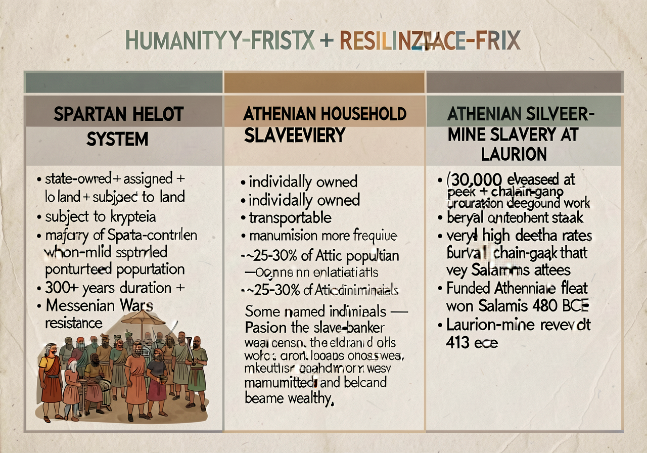 MG-5 Comparative Civilization Matrix slavery row extended into a 3-column handout: Column 1 SPARTAN HELOT SYSTEM (state-
