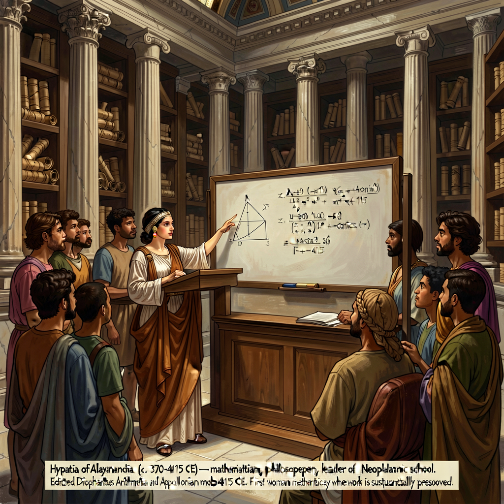 Illustration of Hypatia of Alexandria (c. 350-415 CE) teaching in the Mouseion (the Library complex). Dignified portrait