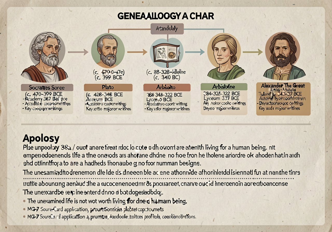 Handout: top half teaching genealogy chart with Socrates (c. 470-399 BCE) → Plato (c. 428-348 BCE, Academy 387 BCE) → Ar