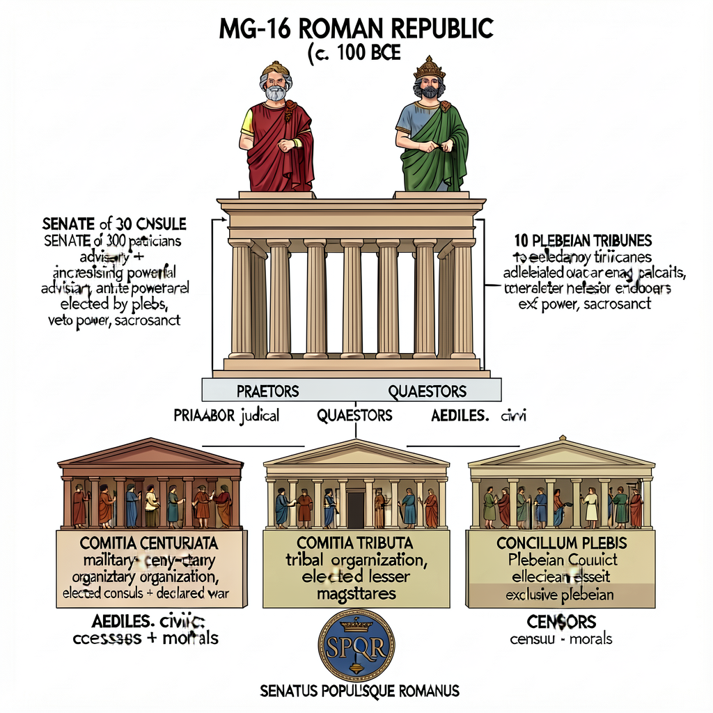 MG-16 Roman Republic Governance Diagram (c. 100 BCE): top of diagram shows 2 CONSULS (1-year terms, can veto each other)