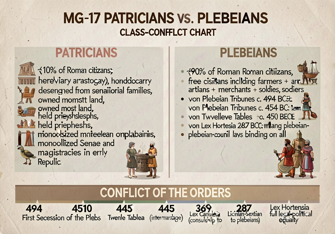 MG-17 Patricians vs. Plebeians Class-Conflict Chart: 2-column comparison. Left PATRICIANS (~10% of Roman citizens; hered