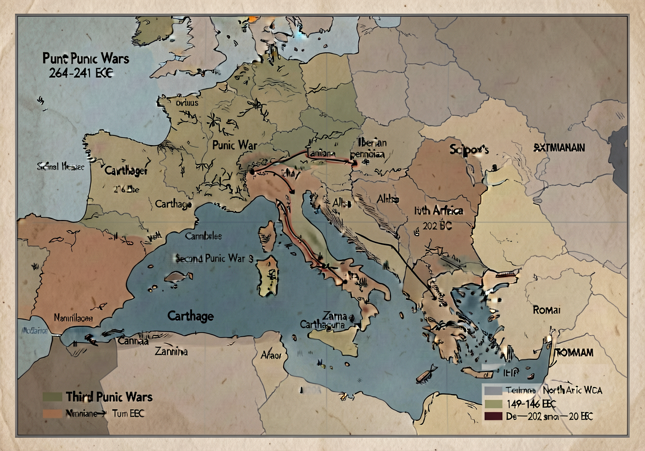 MG-4 Classical Mediterranean Map showing Punic Wars: First Punic War (264-241 BCE) Sicilian theater; Second Punic War (2