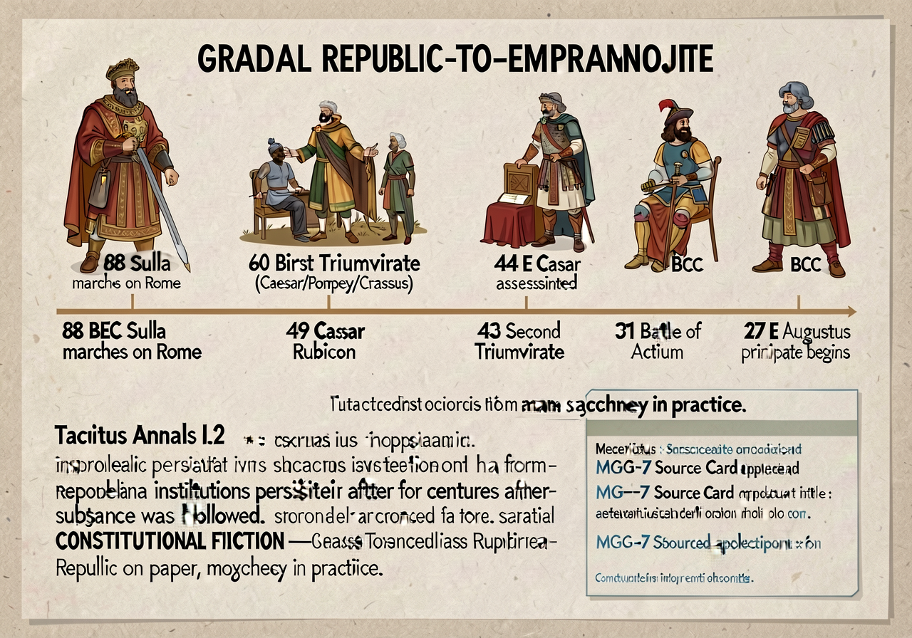 Timeline-handout: gradual Republic-to-Empire transformation. 88 BCE Sulla marches on Rome (precedent) → 60 BCE First Tri