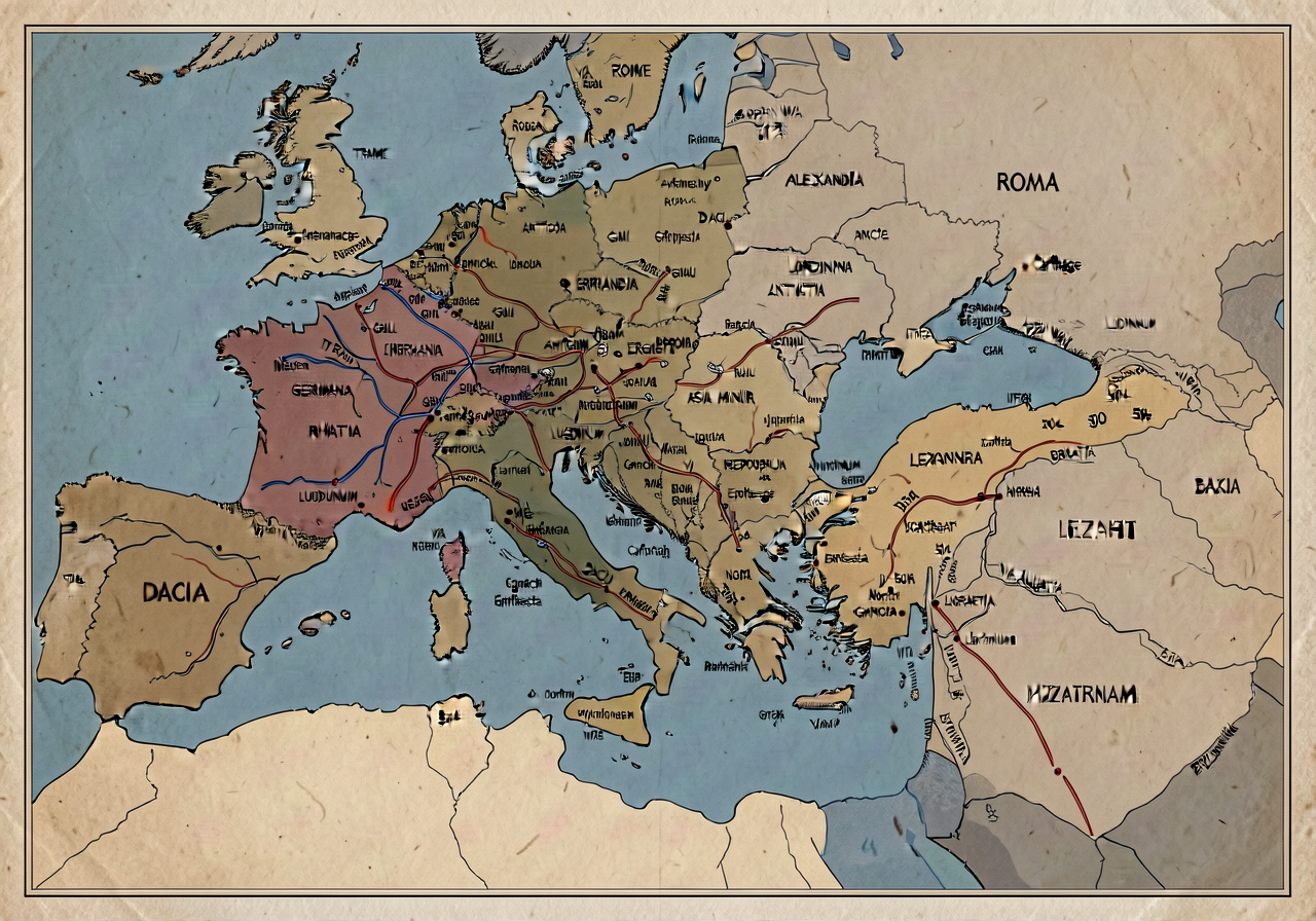 MG-4 Classical Mediterranean Map zoomed: Roman Empire at maximum extent 117 CE under Trajan, shaded across Britain + Ibe