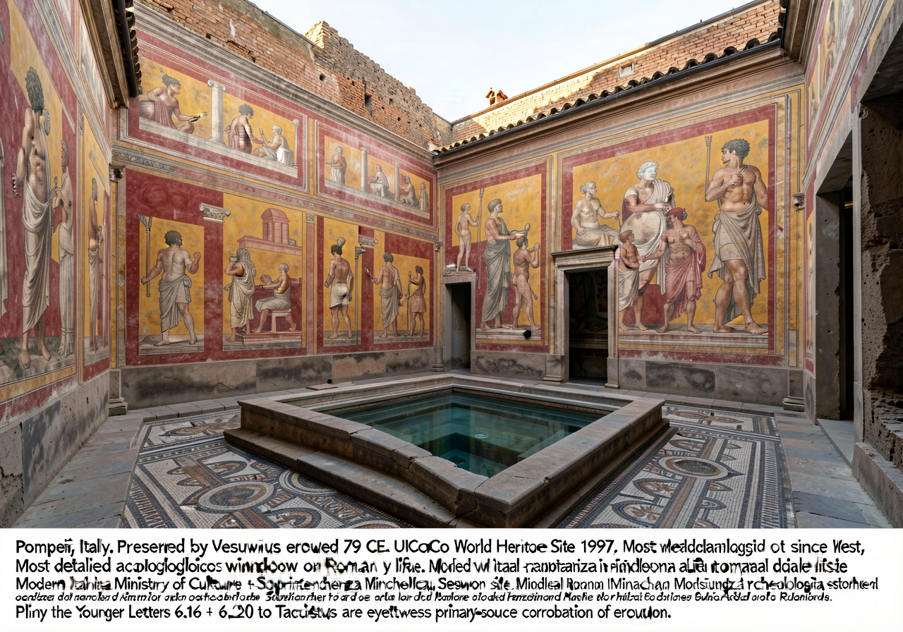 Photograph of Pompeii preserved frescoes + atrium in a Pompeian house (e.g., House of the Vettii or House of the Faun, P