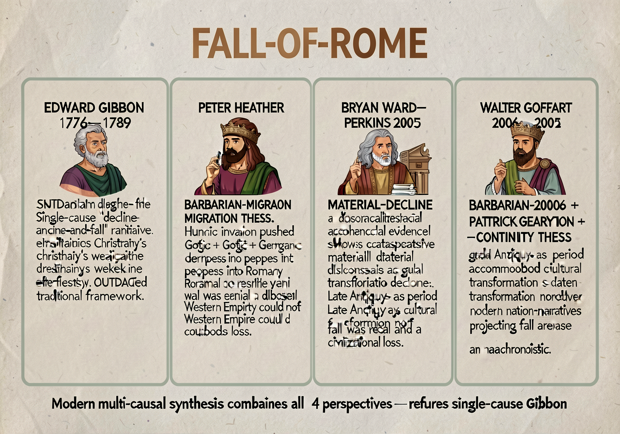 MG-21 Fall-of-Rome 4-Scholar Card: 4-column scholarly-debate handout. Column 1 EDWARD GIBBON (1776-1789) — single-cause 