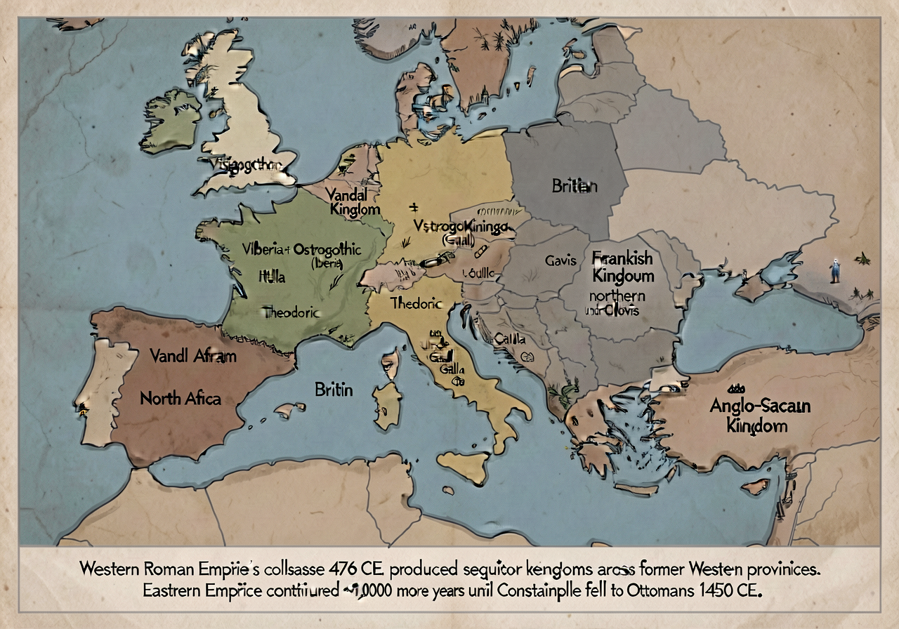 Map of Western Europe + Mediterranean c. 500 CE showing post-Roman successor kingdoms: Visigothic Kingdom (Iberia + sout
