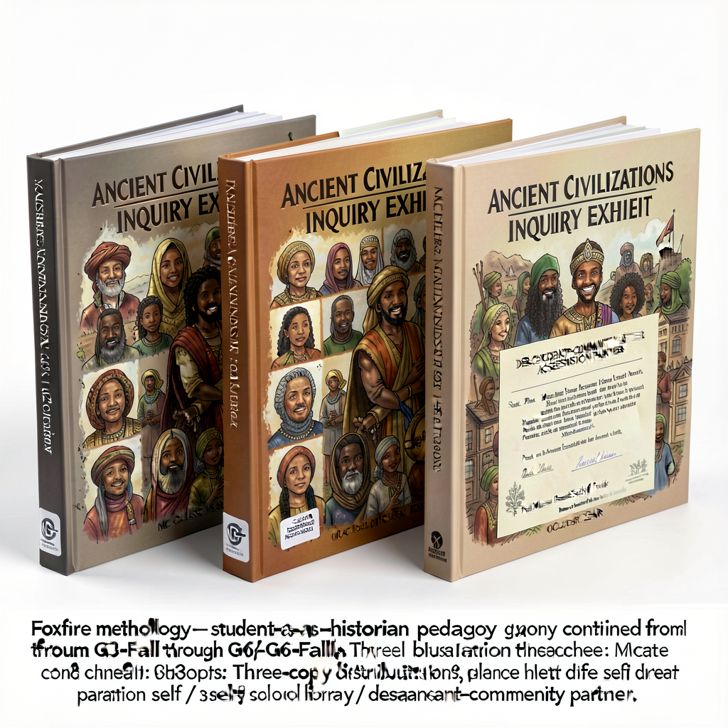 Photograph (mock-up or actual at end-of-term) of the bound 44-page class Ancient Civilizations Inquiry Exhibit storybook