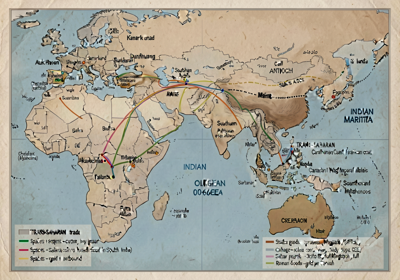 24x18 inch trade-network map of Afro-Eurasia showing three trade networks at the period of maximum interconnection ~100-
