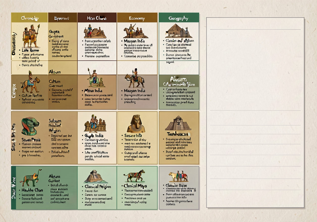 11x17 inch landscape chart with 8 civilizations as rows (Late Rome / Byzantine / Han China / Mauryan India / Gupta India