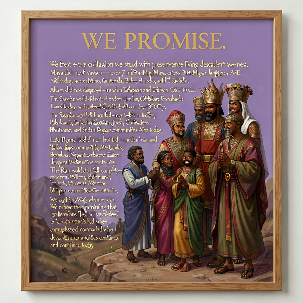 16x24 inch classroom poster, lavender-purple background with gold serif text: 'WE PROMISE: We treat every civilization w