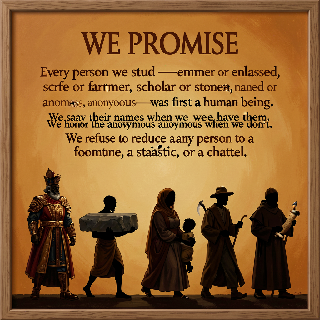 16x24 inch classroom poster, warm-amber background with deep-bronze serif text: 'WE PROMISE: Every person we study — emp