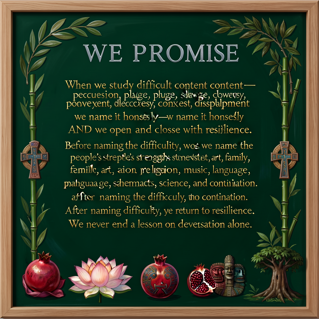 16x24 inch classroom poster, deep-evergreen background with silver-gold serif text: 'WE PROMISE: When we study difficult