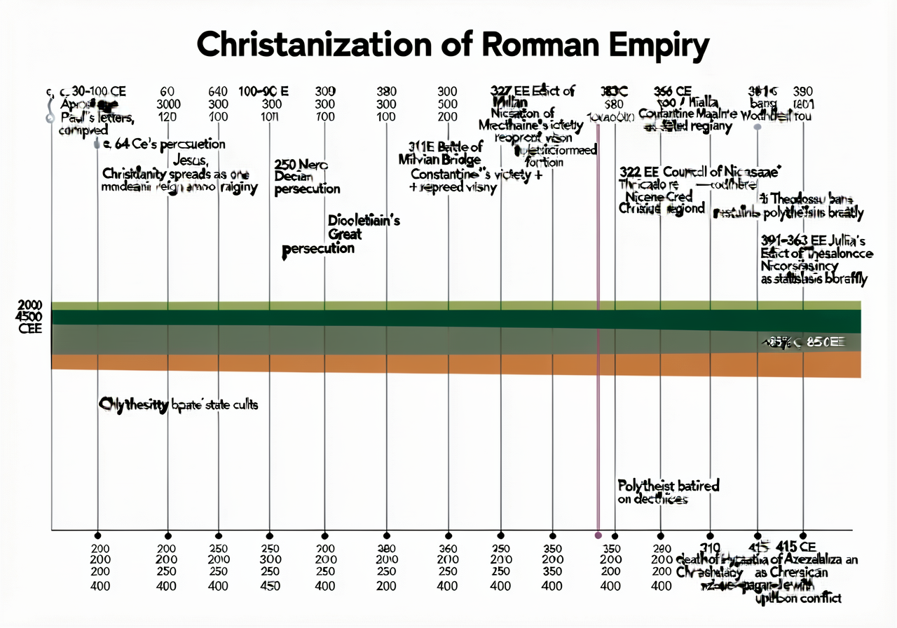 24x10 inch landscape timeline diagram of the Christianization of the Roman Empire: horizontal time axis 200 CE to 450 CE