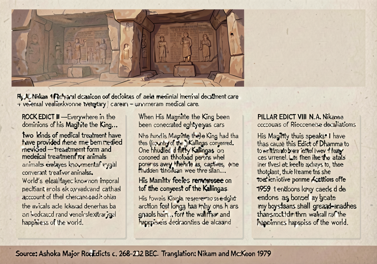 8.5x11 inch educator handout: top quarter shows photograph of one of the rock-cut Ashokan edicts (e.g., the Girnar inscr