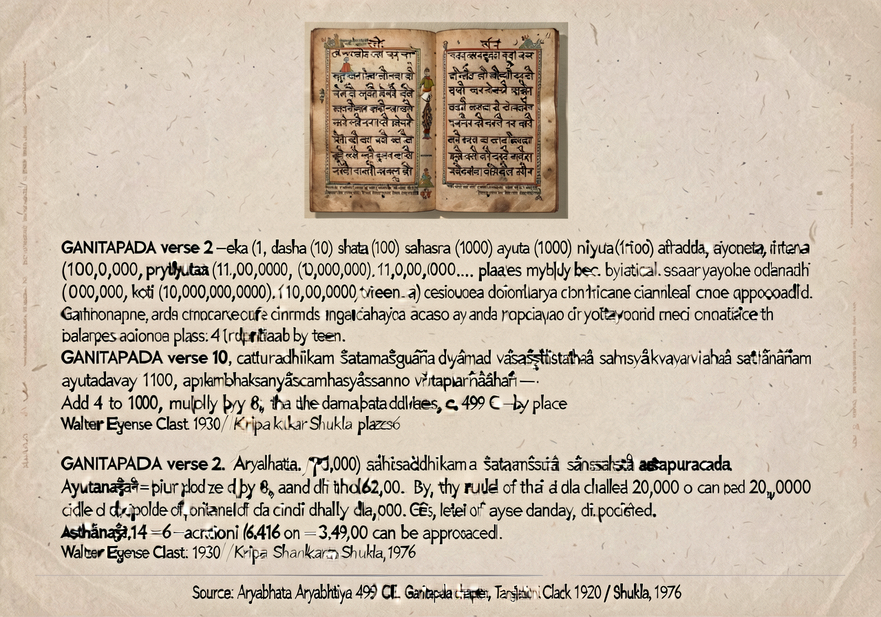 8.5x11 inch educator handout: top quarter shows photograph of a Sanskrit-manuscript folio of the Aryabhatiya (Bodleian L
