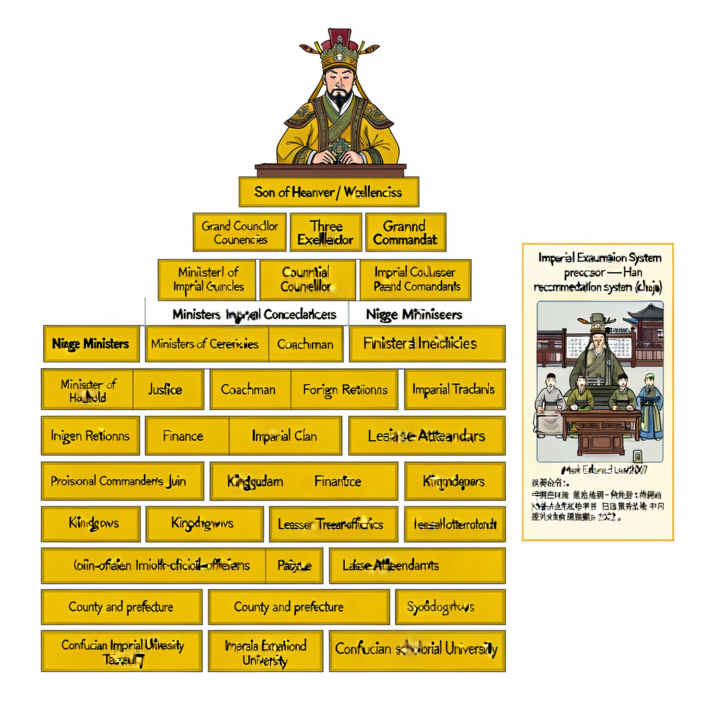 11x17 inch educational diagram of Han Dynasty bureaucratic structure c. 100 BCE: top of hierarchy 'Son of Heaven / Emper