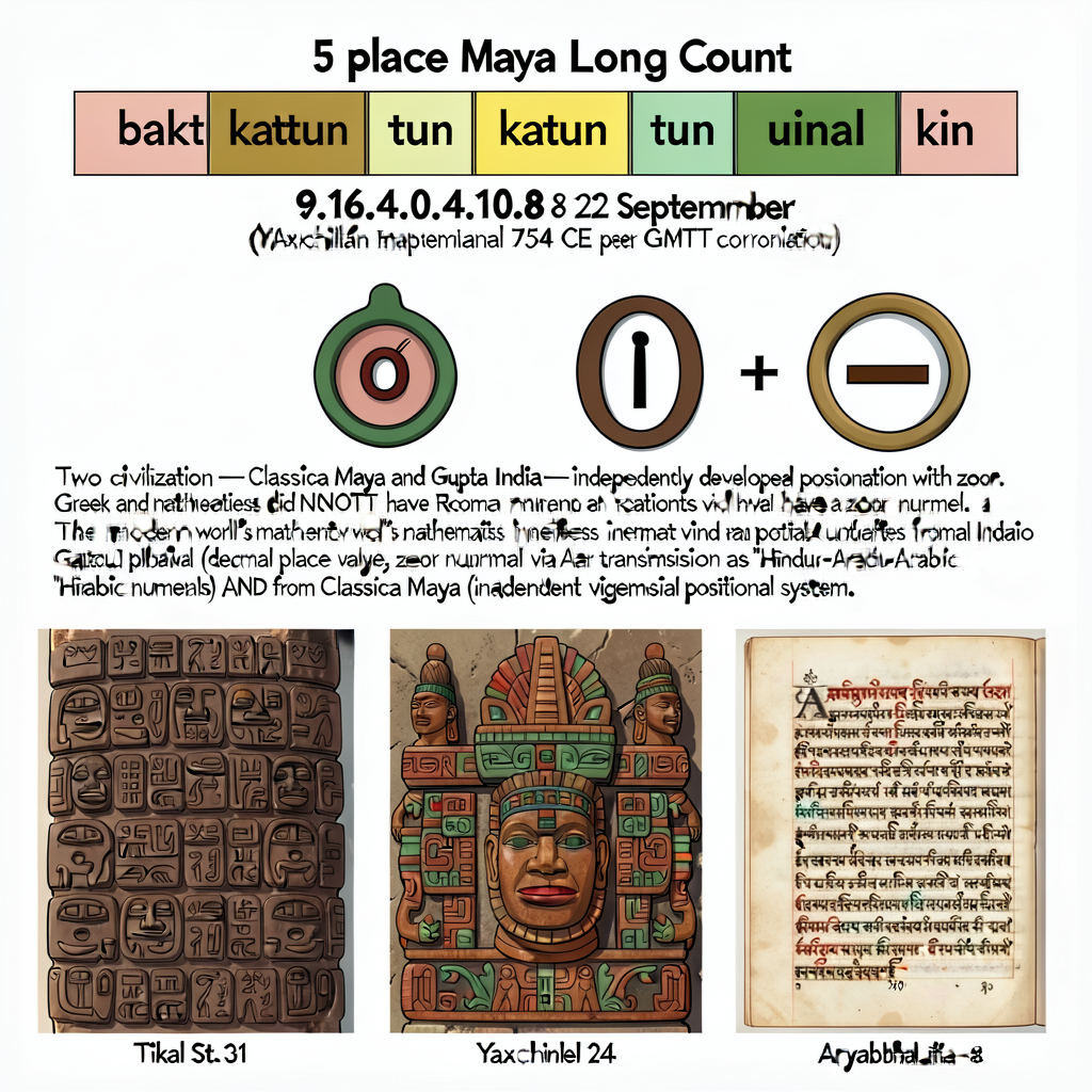 11x17 inch educational diagram: top half shows the 5-place Maya Long Count notation (baktun.katun.tun.uinal.kin) with th