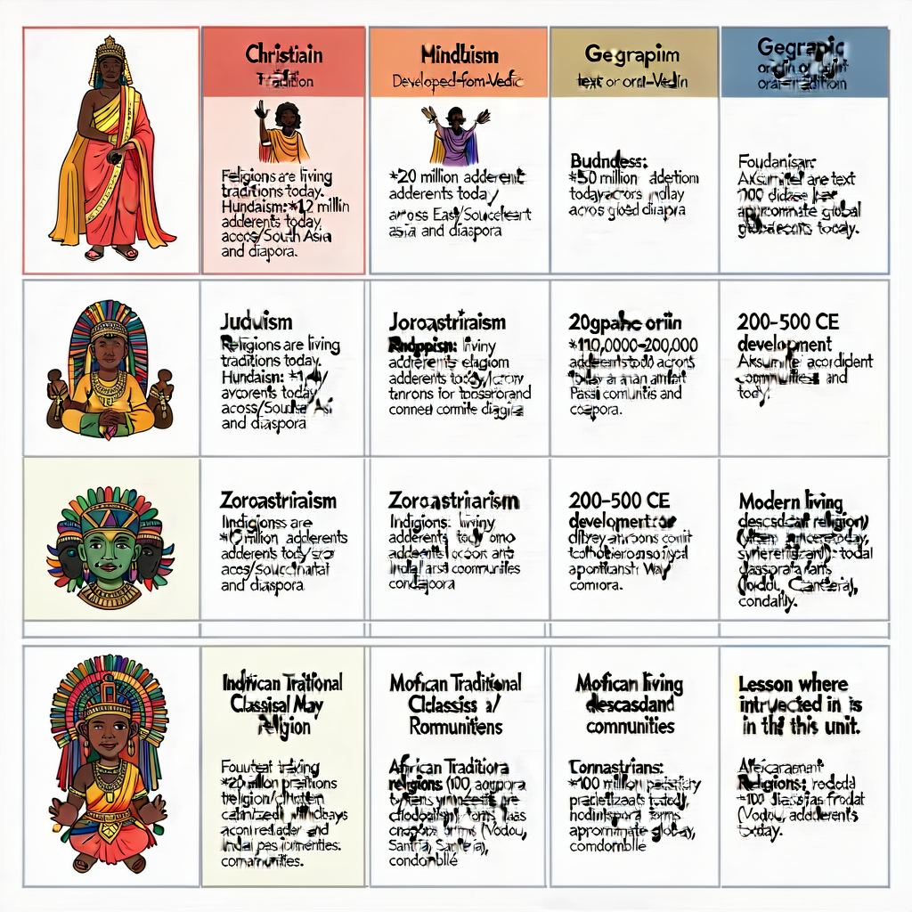 11x17 inch educational diagram with 7 religions as rows (Christianity, Buddhism, Hinduism developed-from-Vedic, Judaism 
