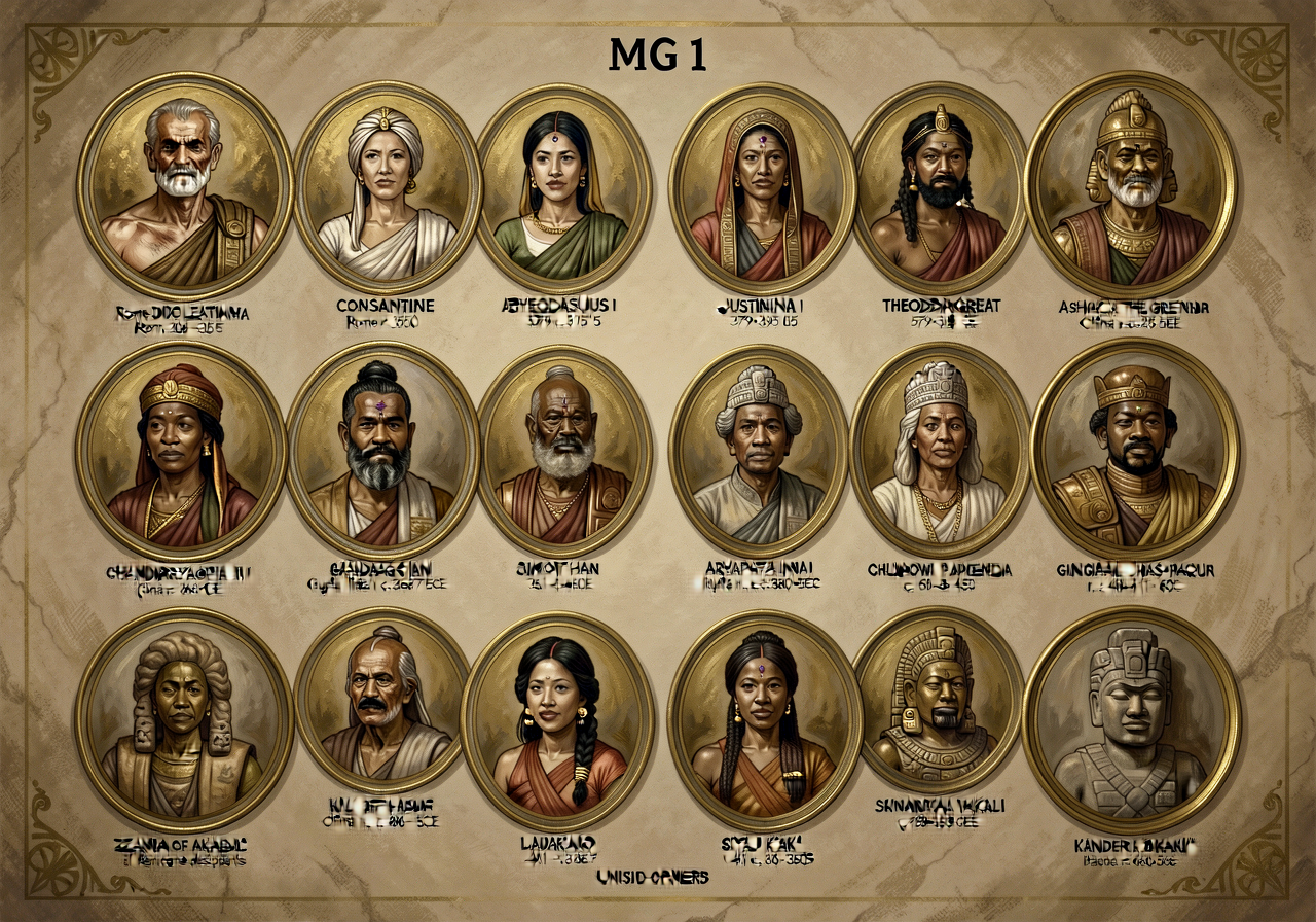 MG-1 unit-opener splash with 20-portrait medallion montage in dignified sepia-and-gold-leaf palette: Diocletian (Rome r.