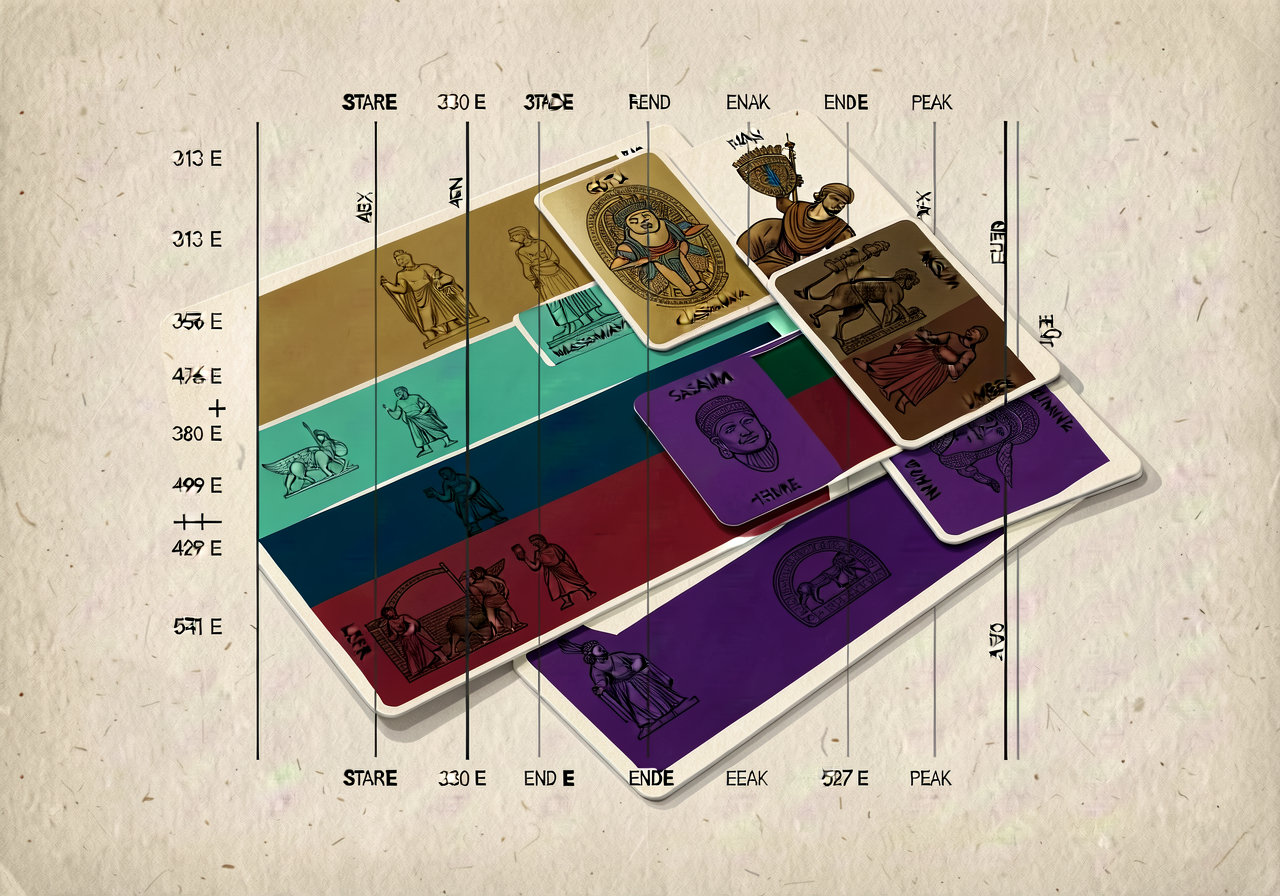 MG-19 SIMULTANEOUS-CIVILIZATIONS Matrix at 24x18 inches with civilization-cards laid on top showing START + END + PEAK m