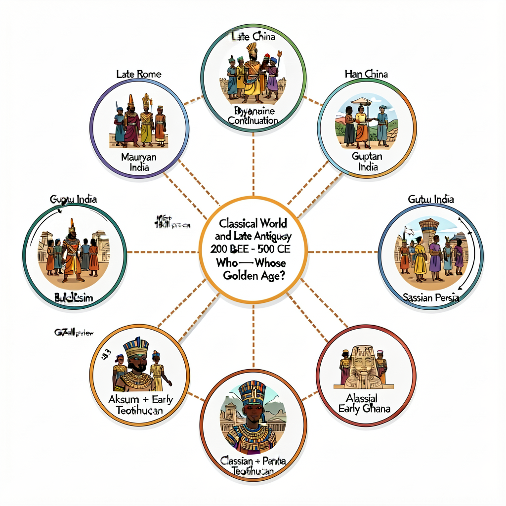 MG-6 18x24 inch concept map with central hub 'Classical World and Late Antiquity 200 BCE - 500 CE — Whose Golden Age?' r
