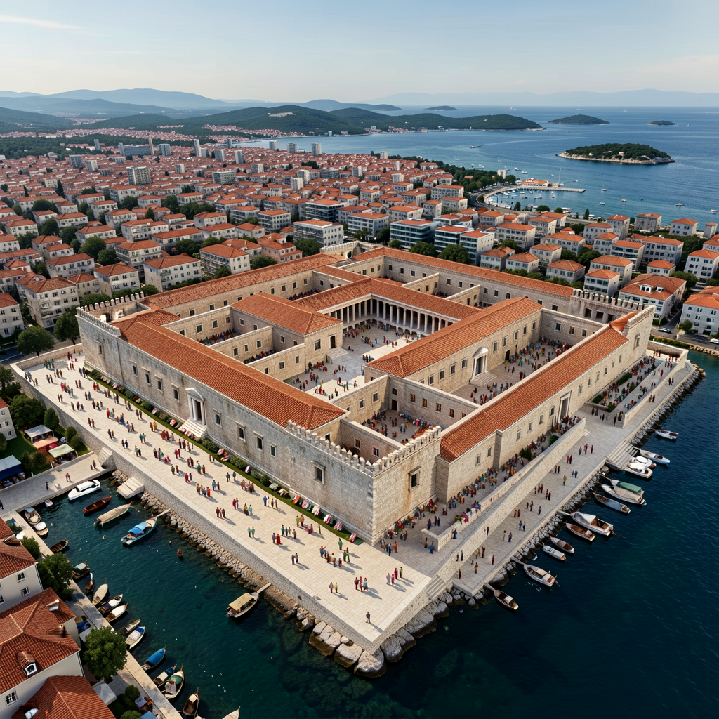 Modern aerial photograph of Diocletian's Palace at Split (Spalato), Croatia — the rectangular palace-city of 30,000 m² b