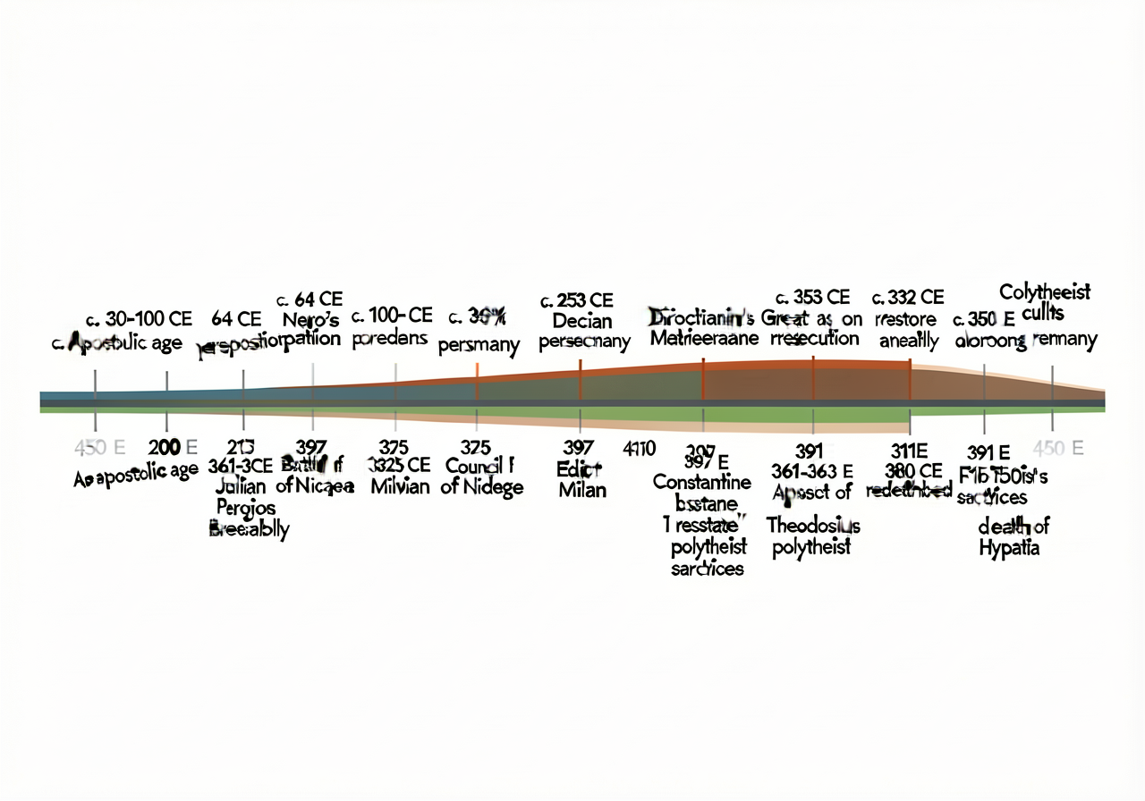 MG-11 24x10 inch landscape timeline diagram: horizontal time axis 200 CE to 450 CE with 12 key events marked: (1) c. 30-