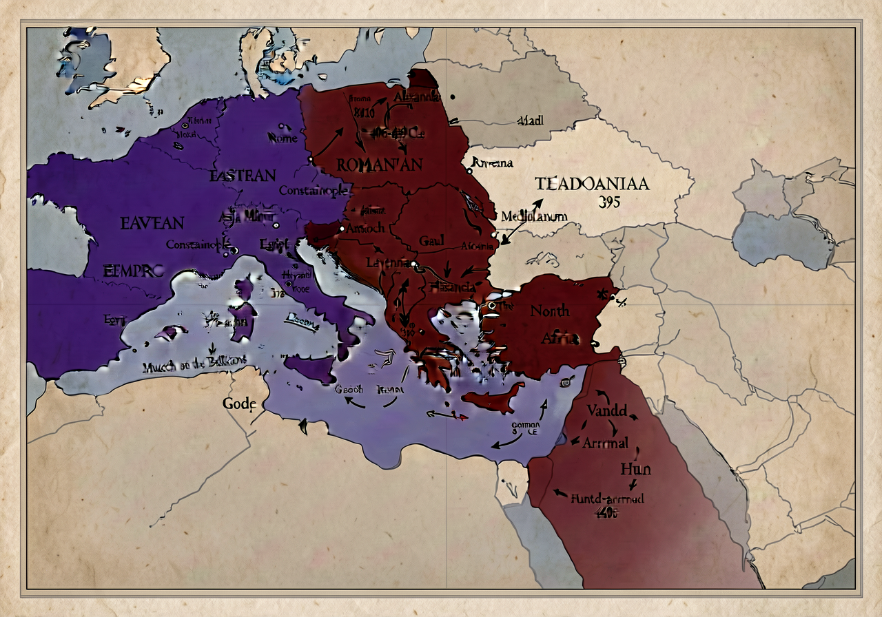 MG-3 24x18 inch Late Roman map (left panel of MG-3) showing the Theodosian East-West division 395 CE: Eastern Roman Empi