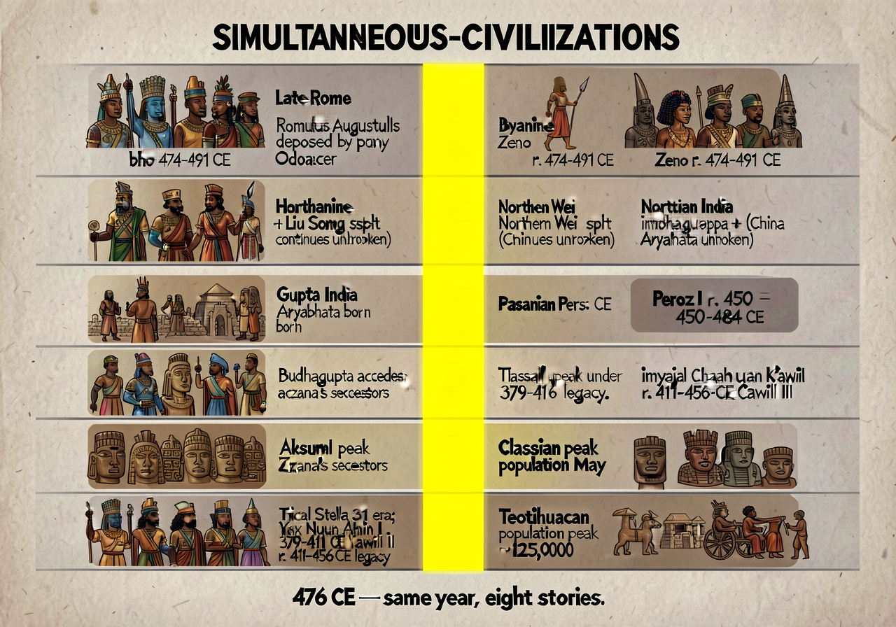 MG-19 SIMULTANEOUS-CIVILIZATIONS Matrix at 24x18 inches with VERTICAL HIGHLIGHT BAND at 476 CE (5 cm wide bright-yellow 