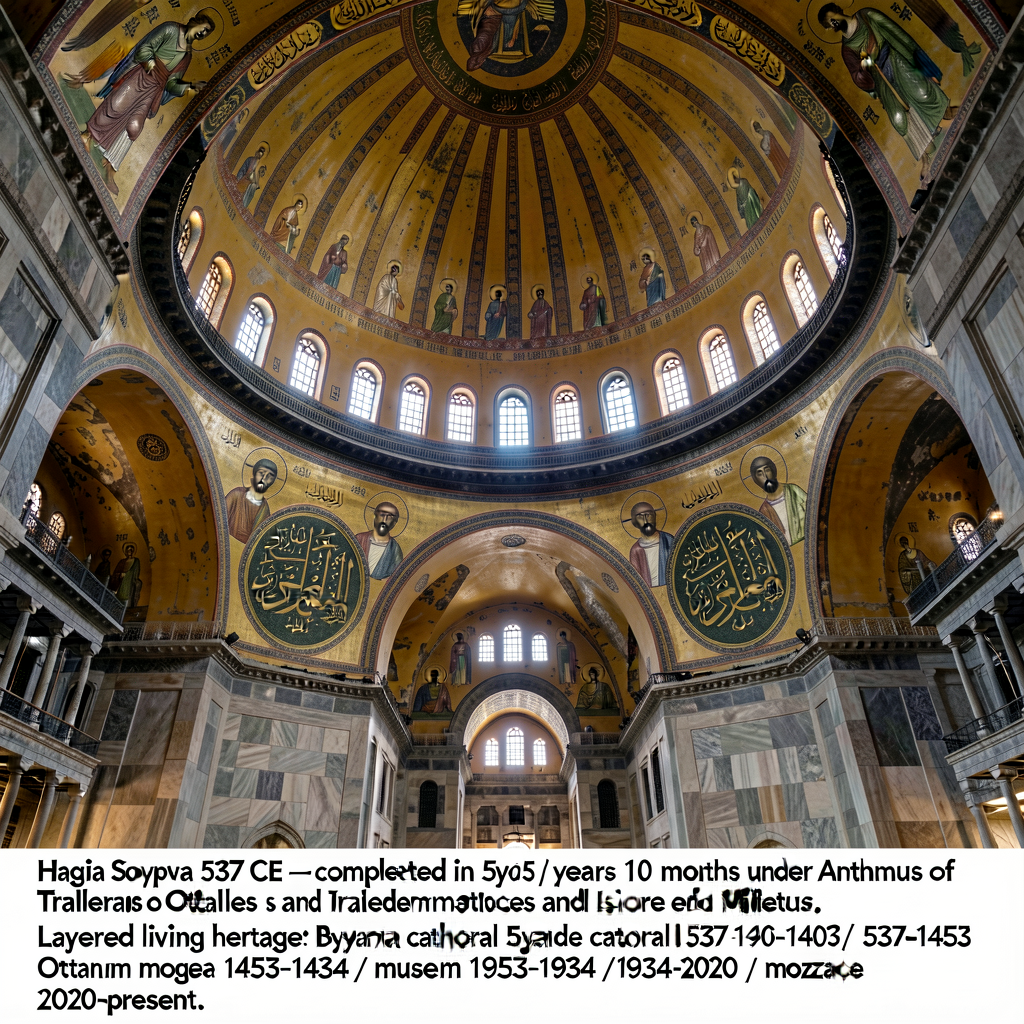 Modern photograph of Hagia Sophia interior in Istanbul, Turkey — looking up at the 31-meter dome with its pendentives + 