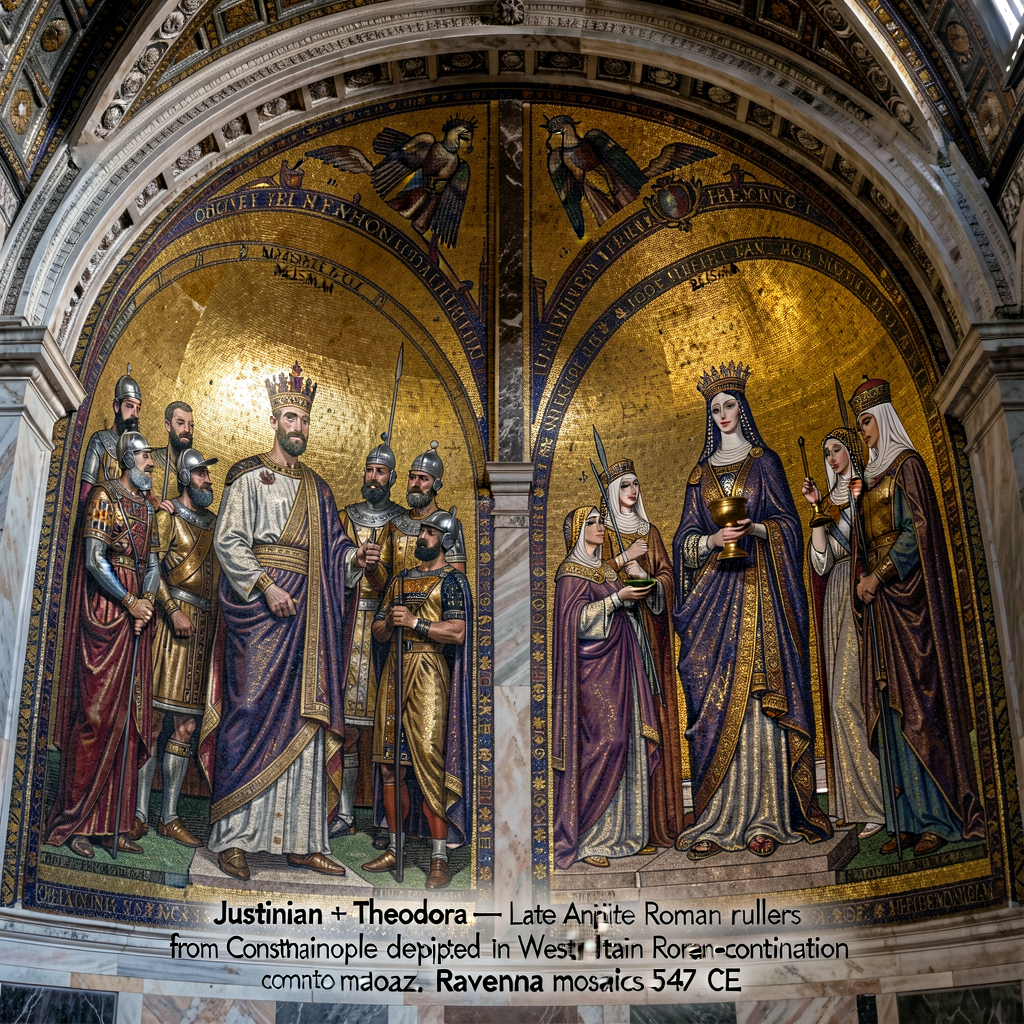 Modern photograph of the two Justinianic mosaics in the apse of Basilica of San Vitale, Ravenna, Italy (c. 547 CE): the 