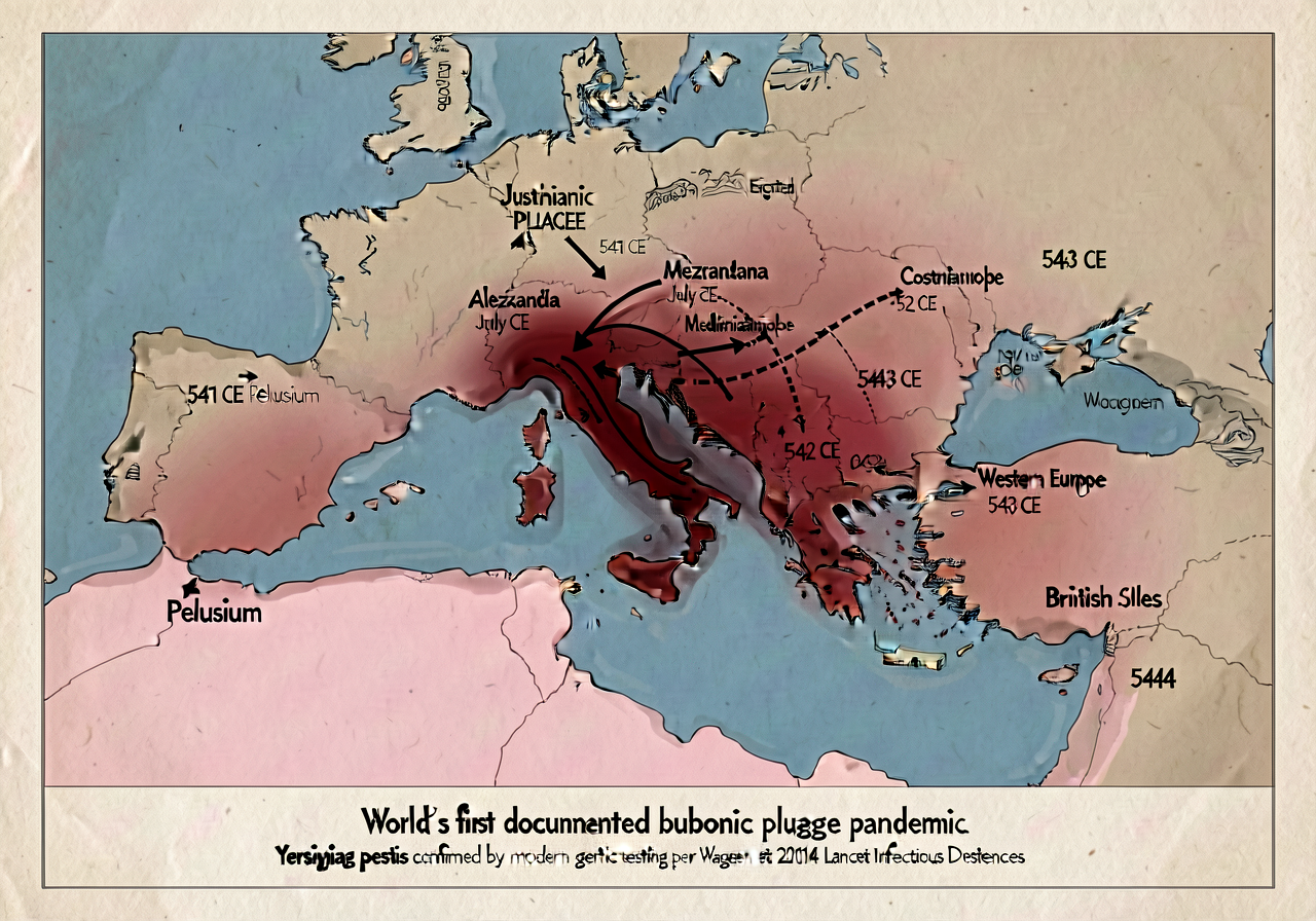 11x17 inch landscape spread-map of the Justinianic Plague 541-549 CE: Mediterranean basin with plague-entry-point at Pel